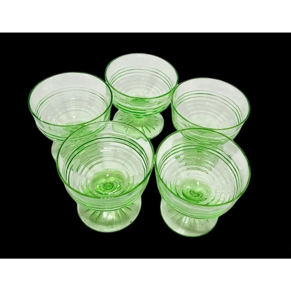 Vintage Green Vaseline Uranium Glass Sherbet Dessert Fruit Custard Cups Set of 5